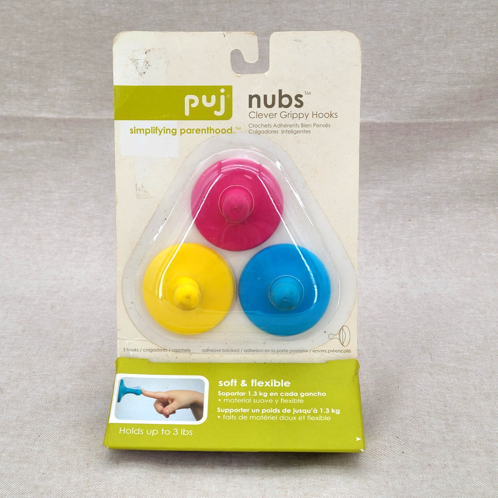 Puj Nubs Clever Grippy Flexible Hooks Adhesive Peel & Stick Back CMY 3PK New
